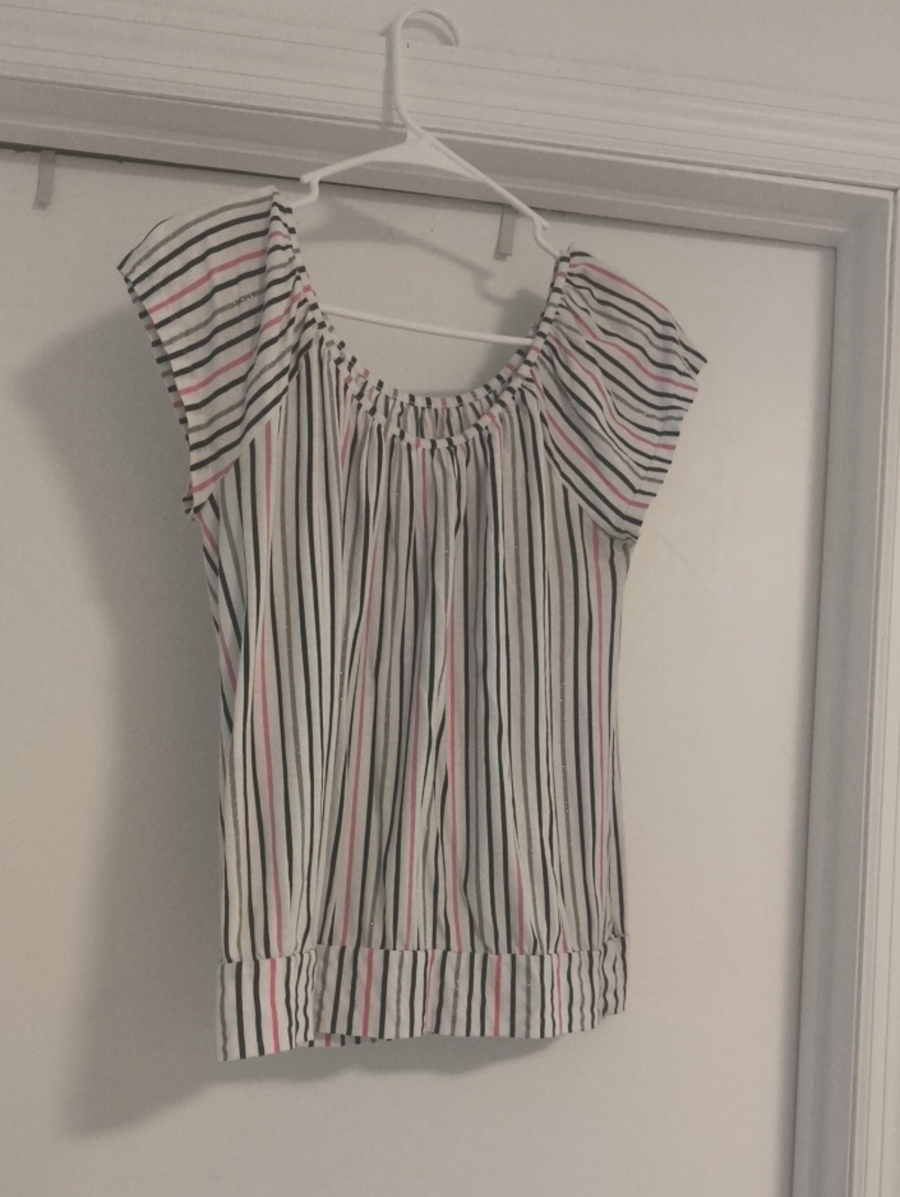 Women's White Short-Sleeve Striped Blouse with Pink, Navy And Silver Accents